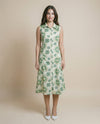 White and Green Printed Linen Blended Midi Dress