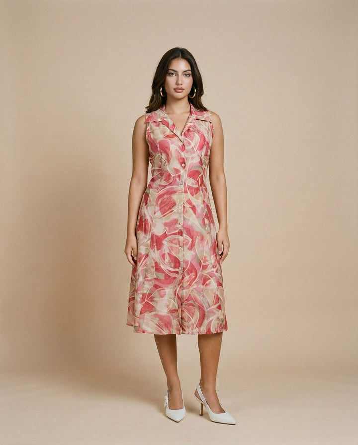 Peach Printed Viscose Blended Midi Dress