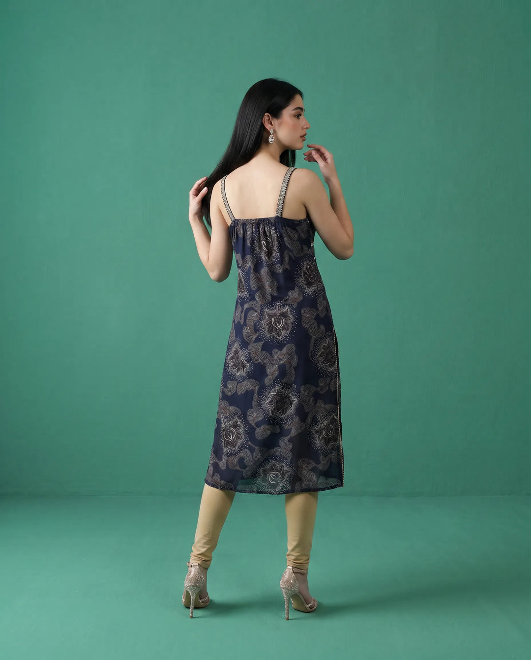 Navy Printed Viscose Blended Spaghetti Strap Straight Cut Long Kurta