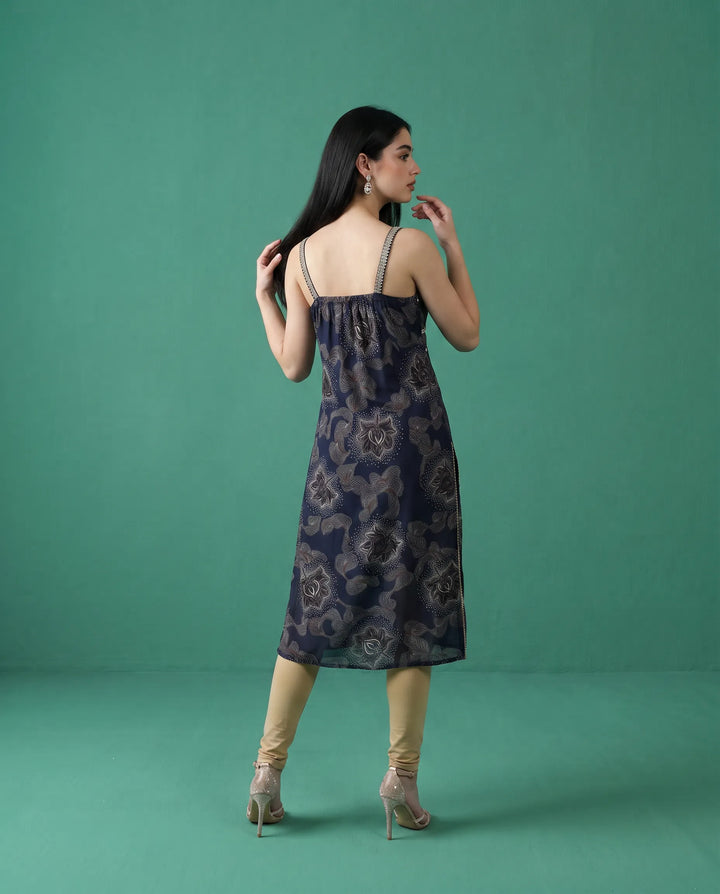 Navy Printed Viscose Blended Spaghetti Strap Straight Cut Long Kurta