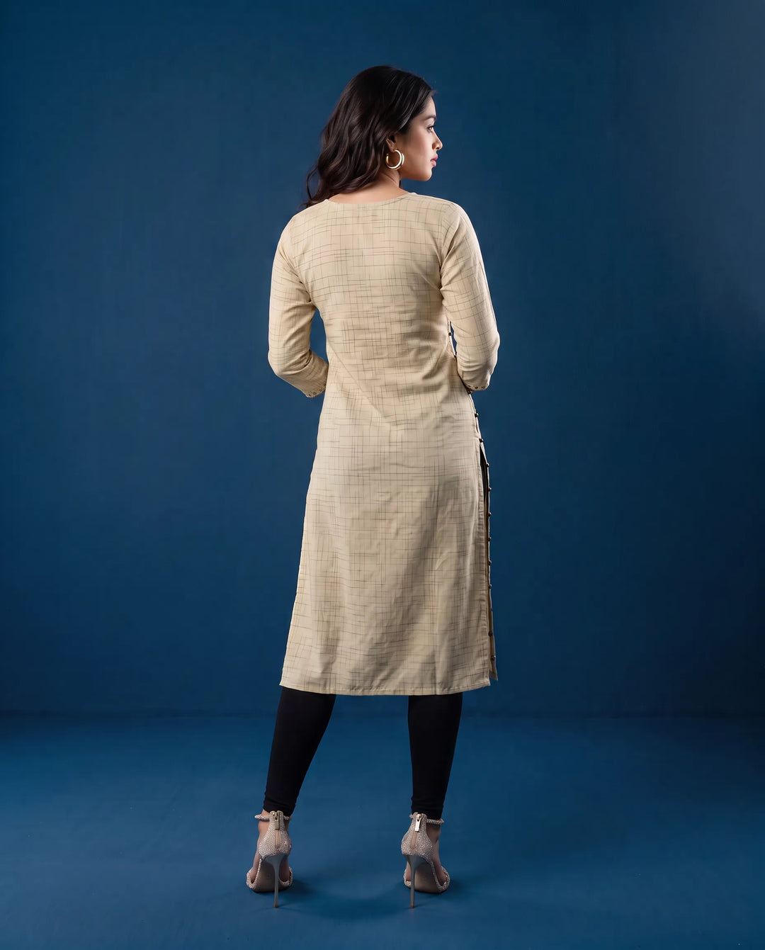 Beige Embroidered Cotton Straight cut Long Kurta
