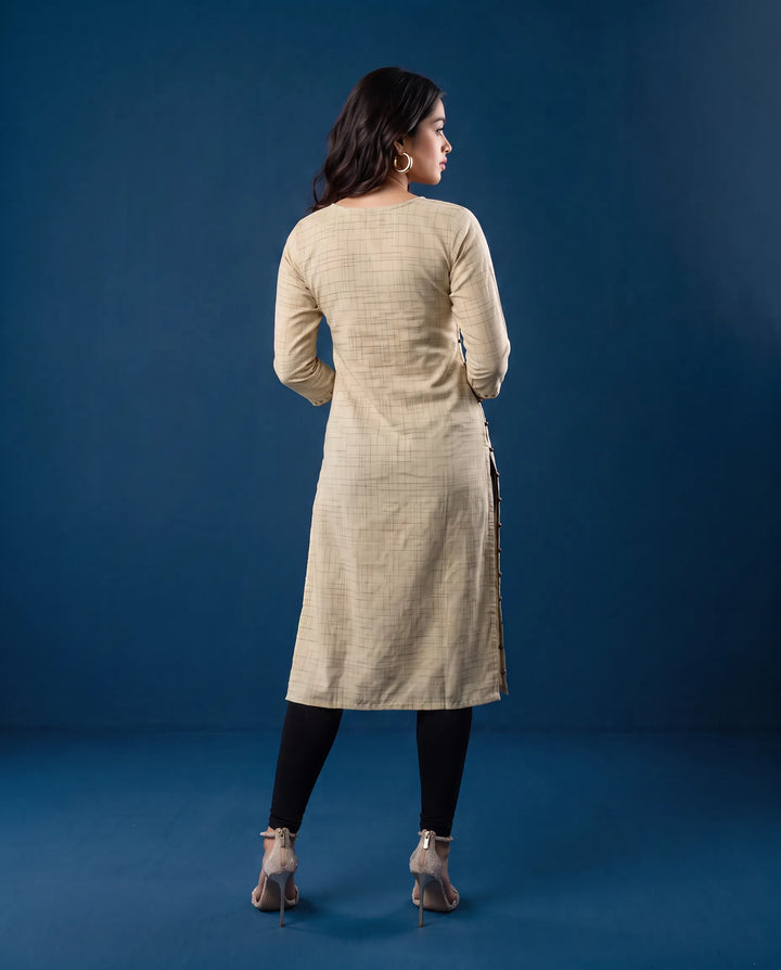 Beige Embroidered Cotton Straight cut Long Kurta