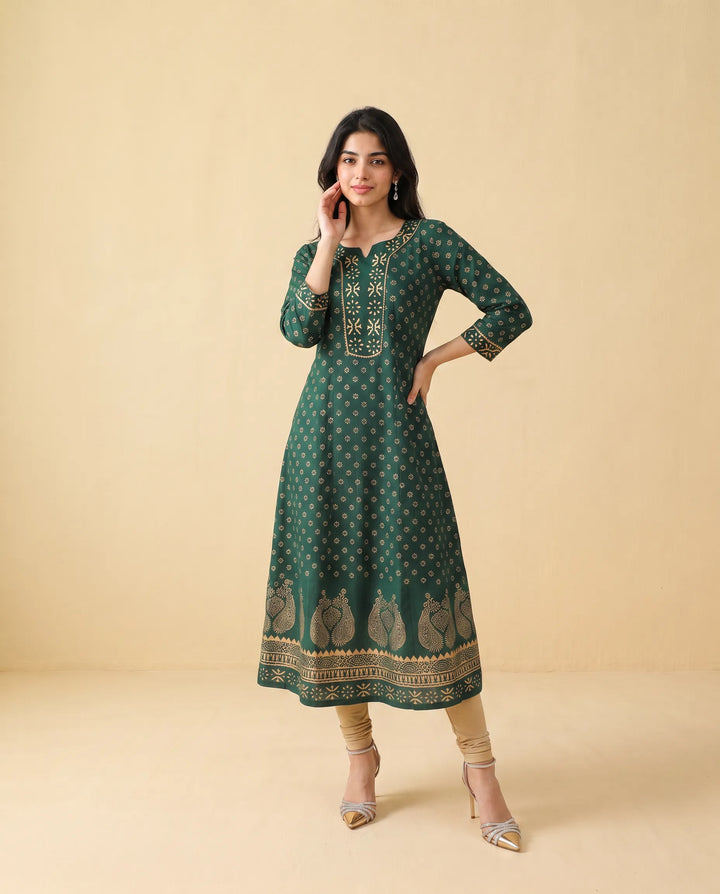 Green Printed Cotton Long Kurta