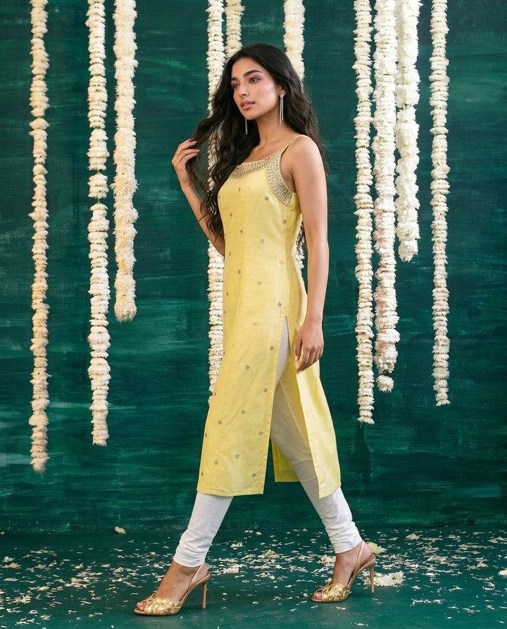 Yellow Embroidered Viscose Blended Spaghetti Strap Straight Cut Long Kurta