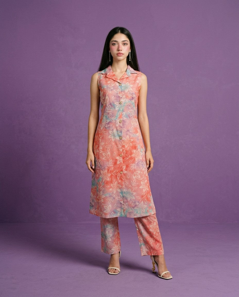 Pink Printed Viscose Blended Co-Ord Set