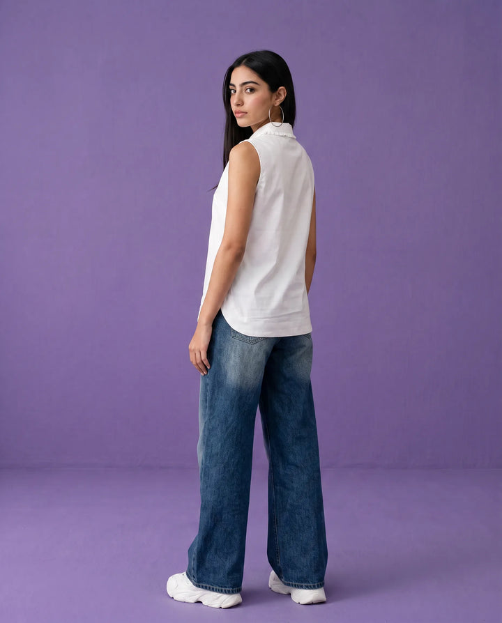 White Solid Cotton Satin Sleeveless Top
