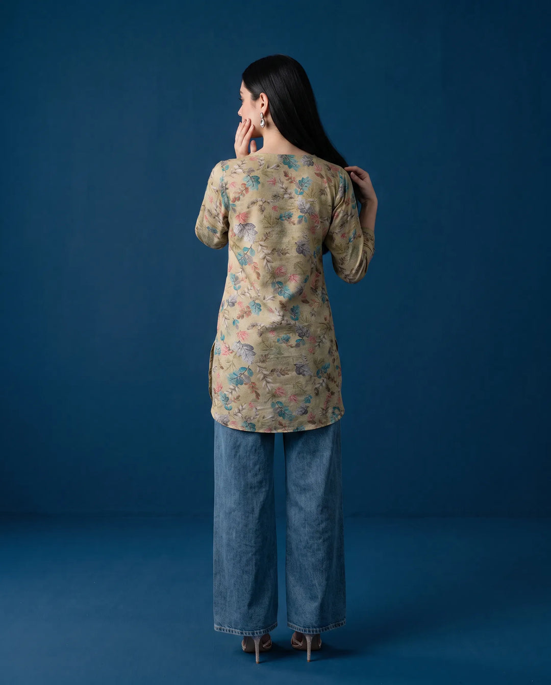 Beige Printed Cotton Blended Short Kurti