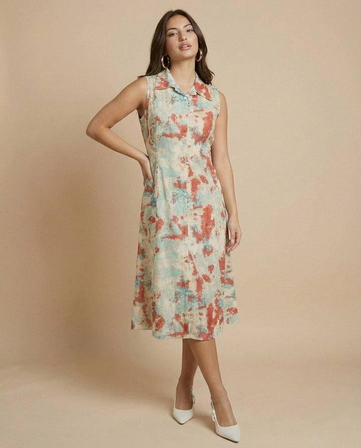 Multi-colour Printed Cotton Blended Midi Dress
