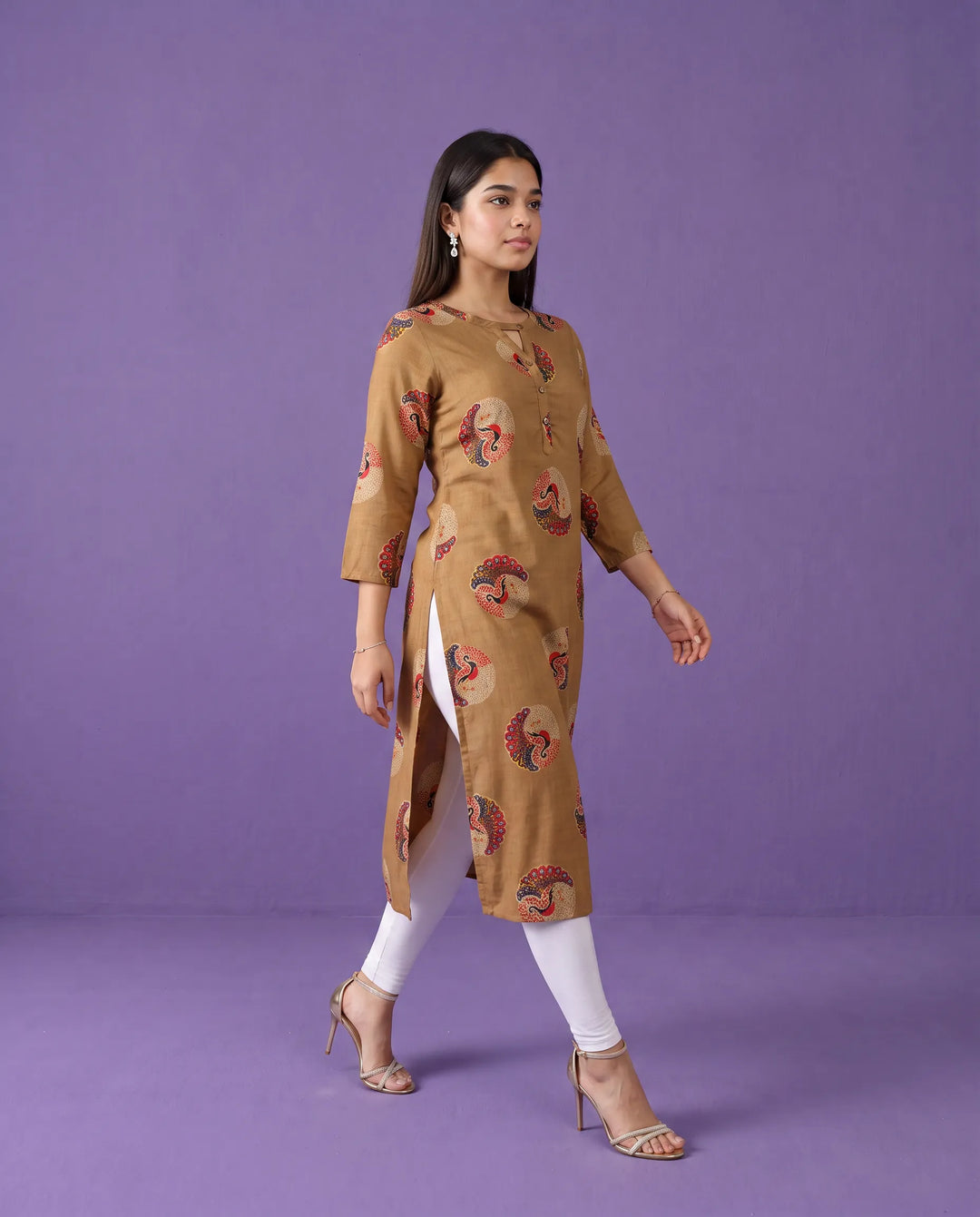 Brown Printed Rayon Straight cut Long Kurta