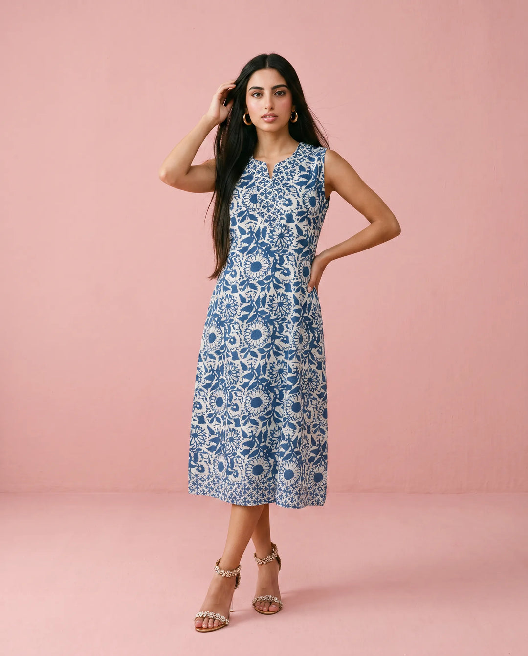 Blue Printed Pure Cotton Hand-Block Printed Midi Dress