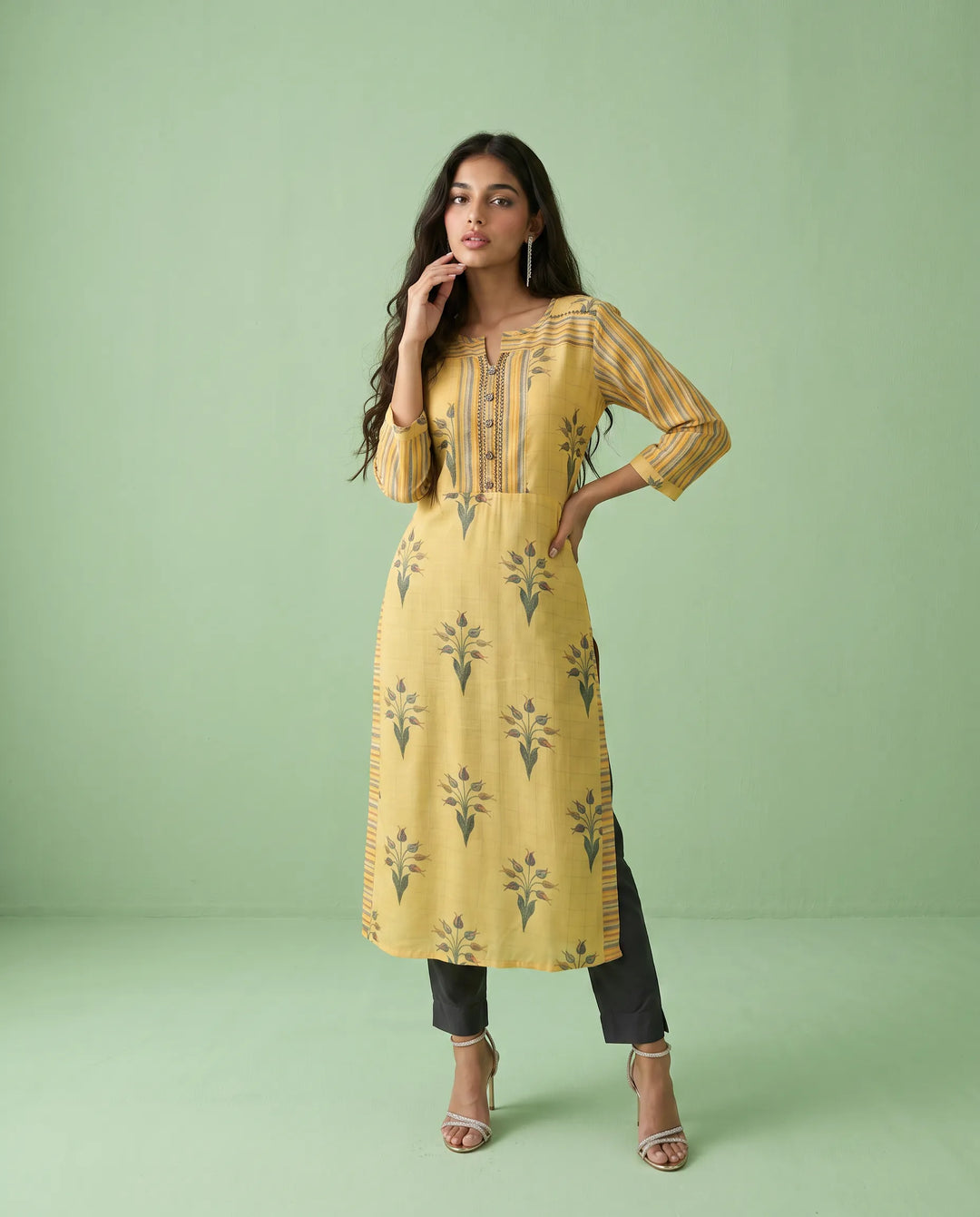Yellow Printed Cotton Straight cut Long Kurta