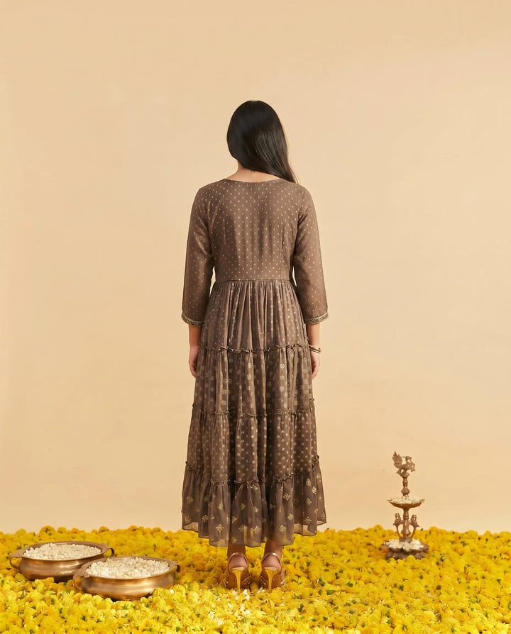 Brown Embriodered Georgette Maxi Dress