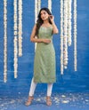 Green Embroidered Viscose Blended Spaghetti Strap Straight Cut Long Kurta