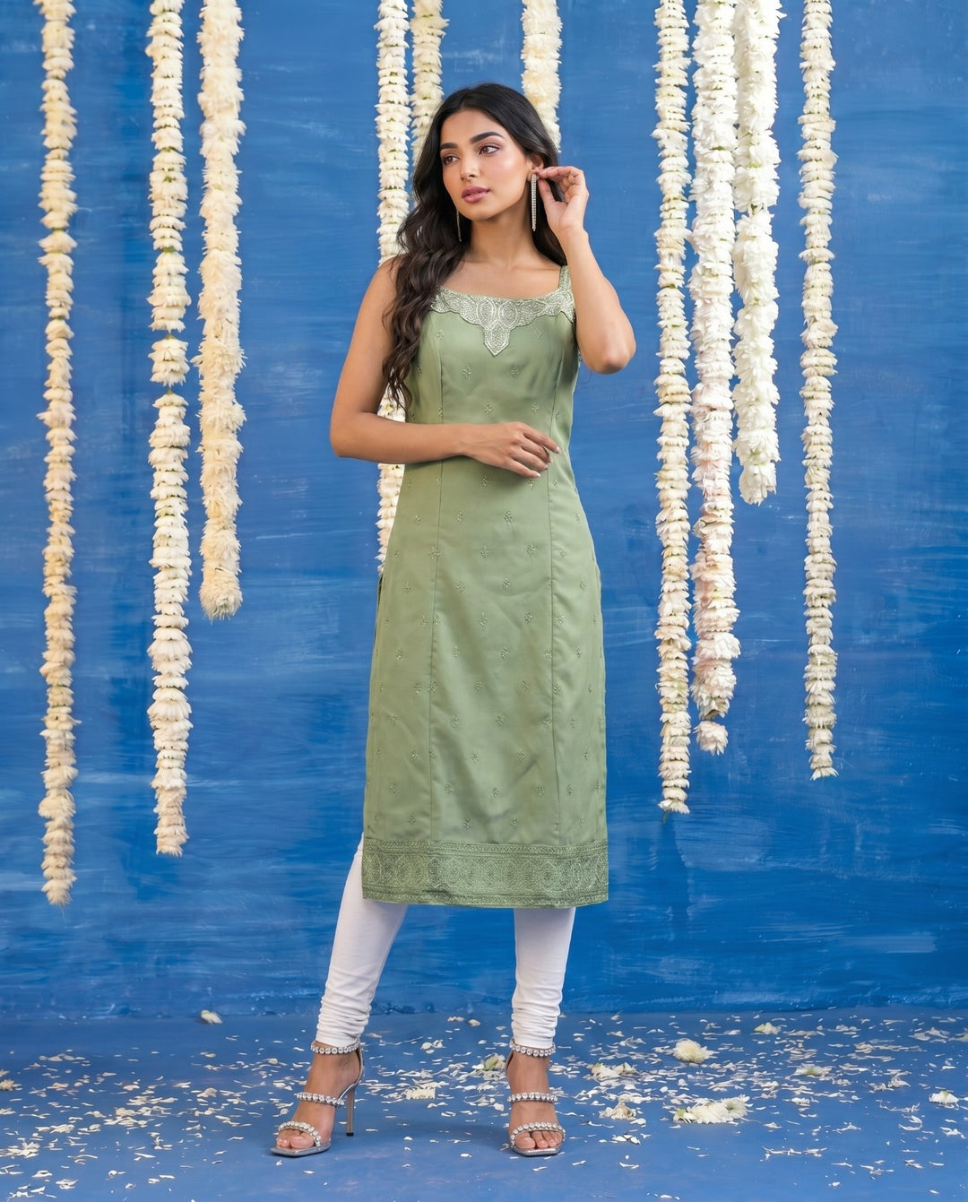 Green Embroidered Viscose Blended Spaghetti Strap Straight Cut Long Kurta