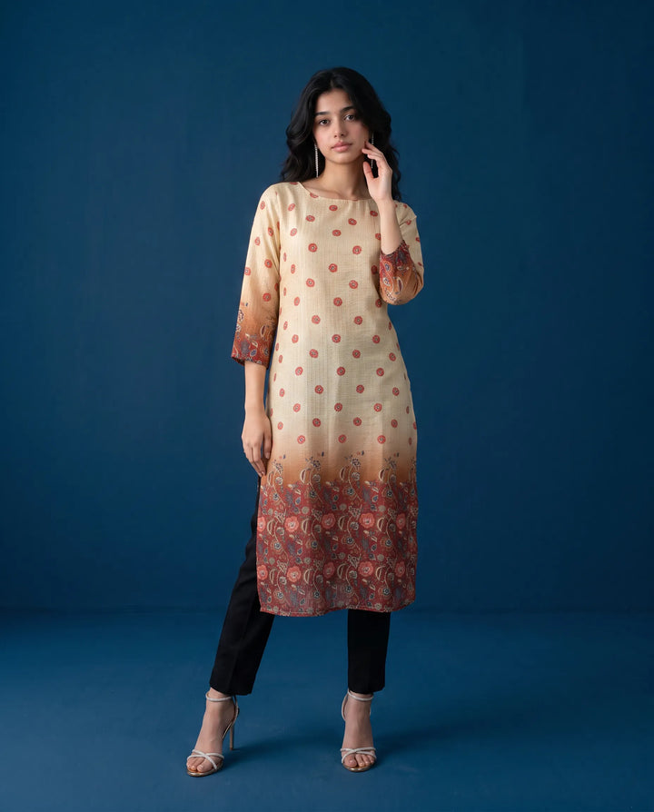 Beige Printed Viscose Blended Straight Cut Long Kurta