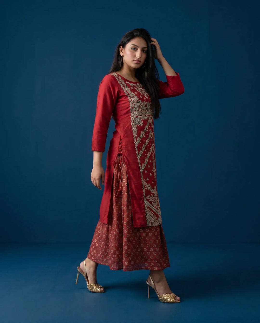 Red Embriodered Silk Blended Maxi Dress