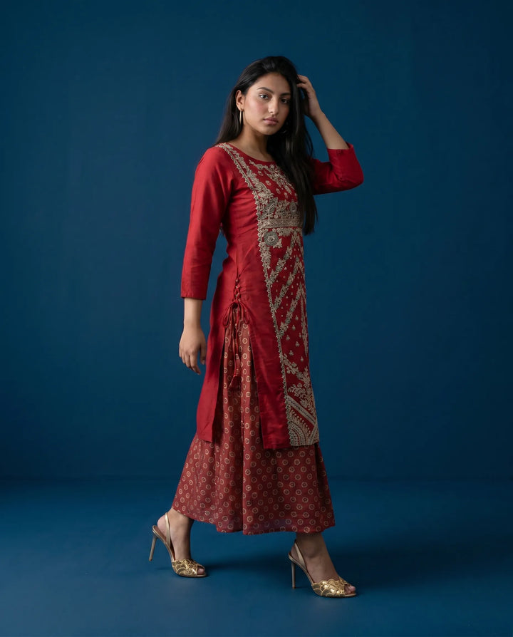 Red Embriodered Silk Blended Maxi Dress