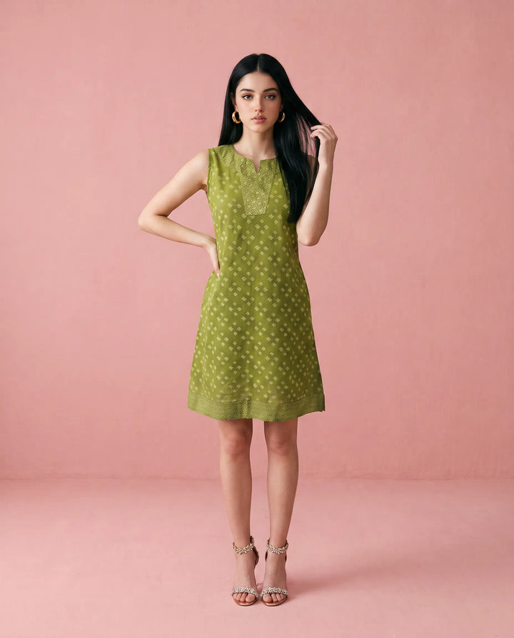 Green Printed Cotton Midi Dress