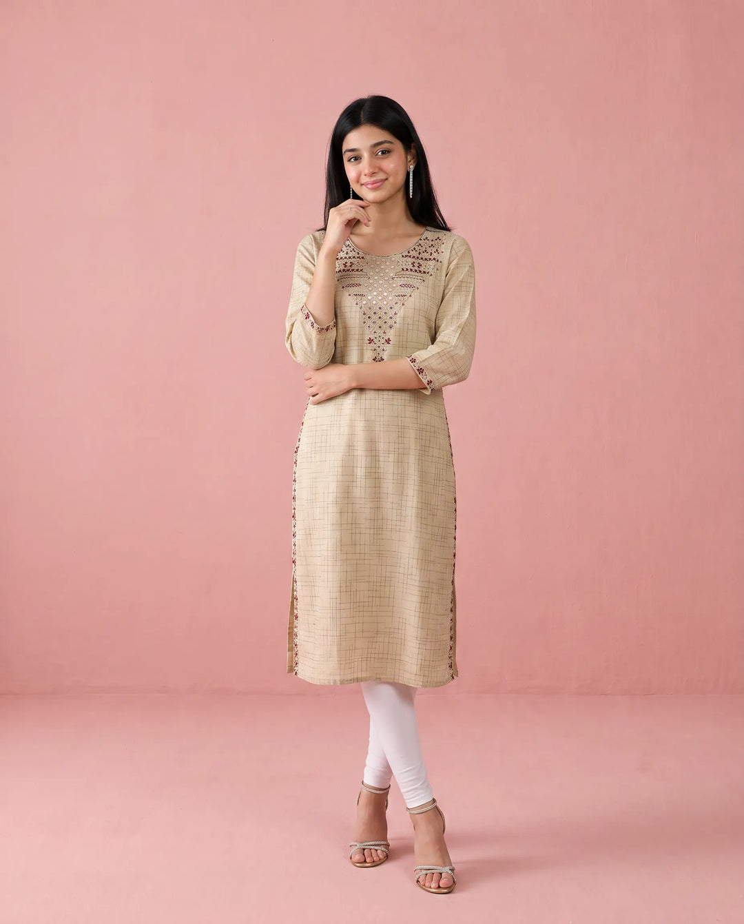 Beige Embroidered Cotton Straight cut Long Kurta
