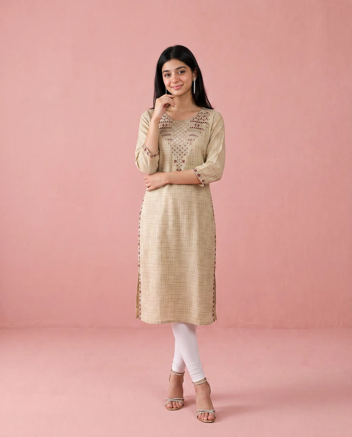 Beige Embroidered Cotton Straight cut Long Kurta