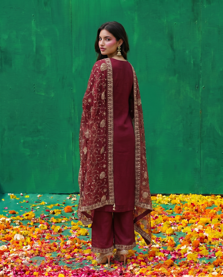Maroon Embriodered Silk Blended Kurta Bottom Dupatta Set