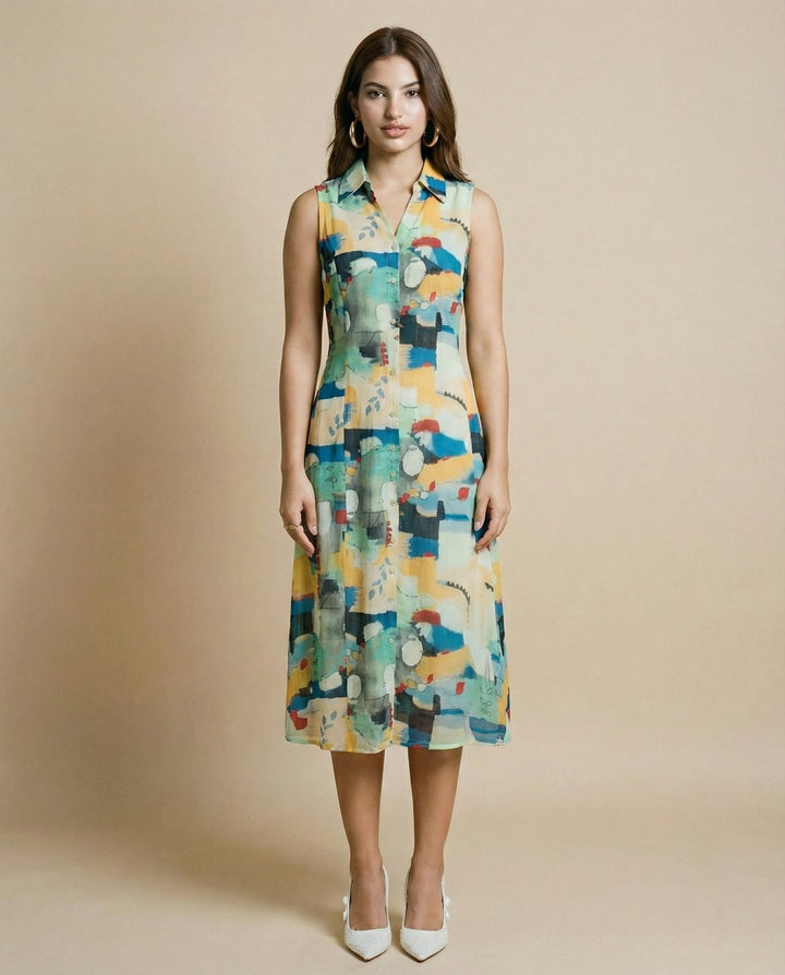 Multi-colour Printed Cotton Blended Midi Dress