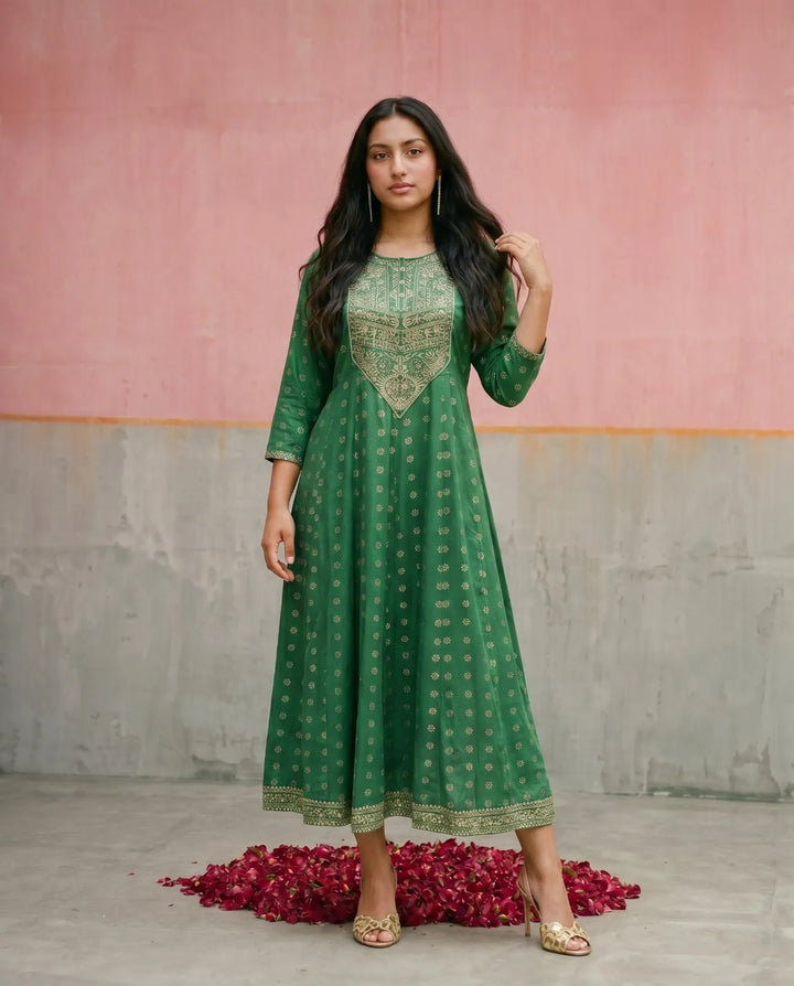 Green Embriodered Rayon Maxi Dress