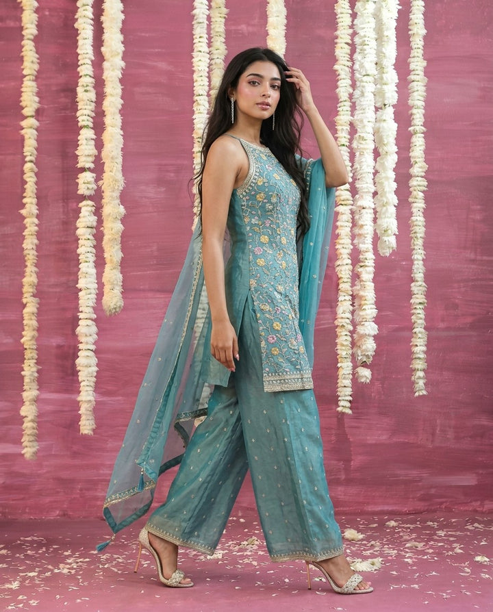 Turquoise Embriodered Silk Blended Spaghetti Strap Kurta Bottom Dupatta Set