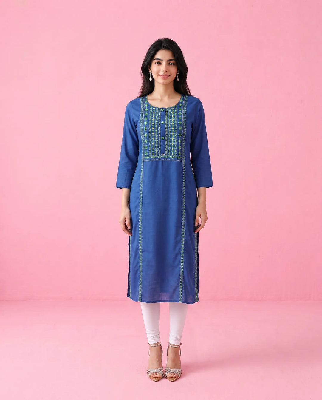Navy Embroidered Rayon Straight Cut Long Kurta