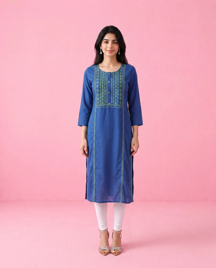 Navy Embroidered Rayon Straight Cut Long Kurta
