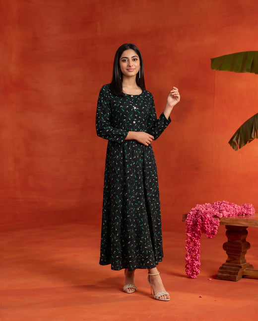 Black Printed Rayon Maxi Dress