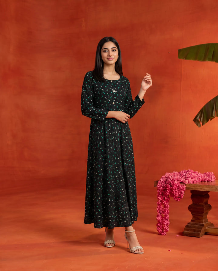 Black Printed Rayon Maxi Dress