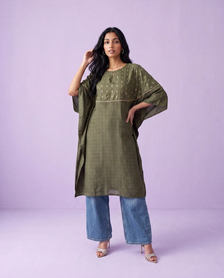 Olive Printed Viscose Blended Kaftan