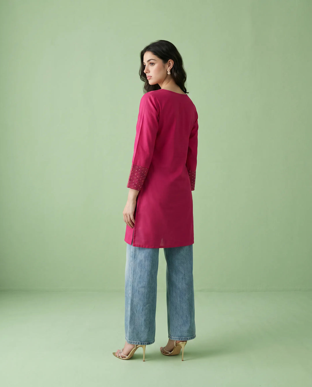 Magenta Embroidered Cotton Short Kurti