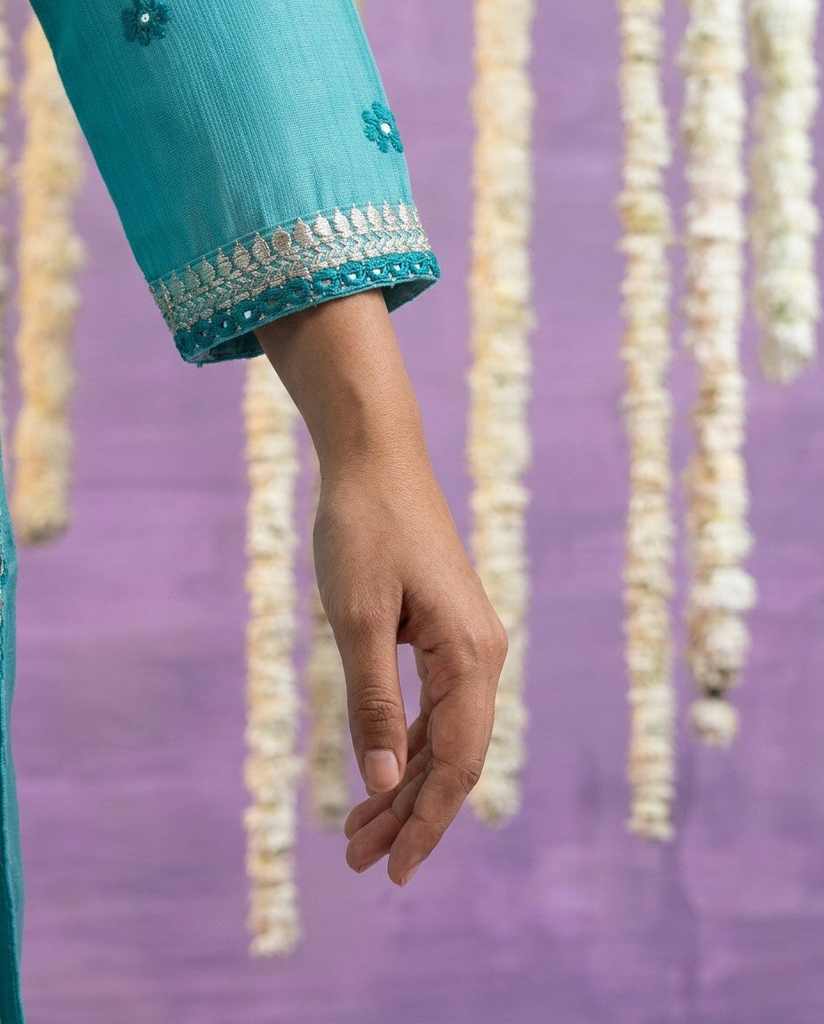Sky Blue Embroidered Viscose Blended Straight cut Long Kurta