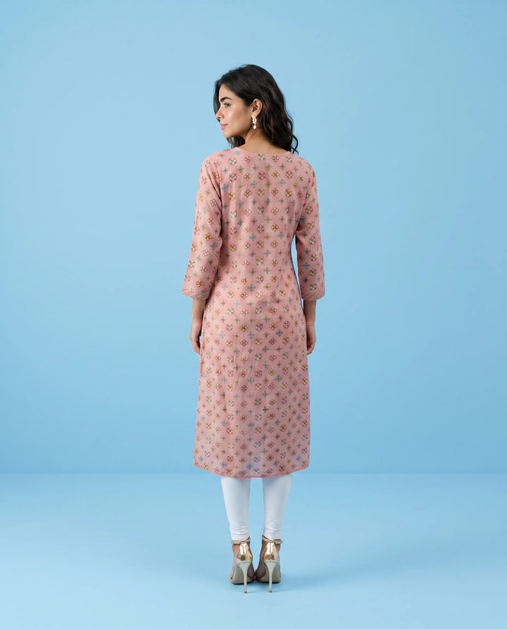 Pink Printed Viscose Blended Straight cut Long Kurta