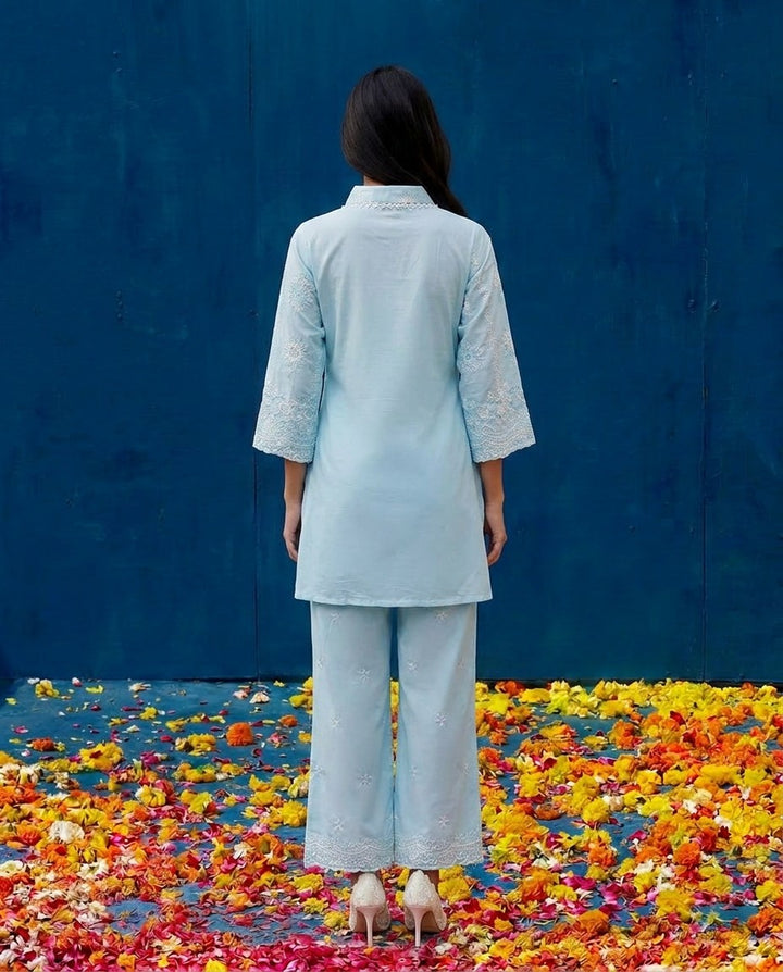 Sky Blue Embroidered Cotton Satin Co-Ord Set