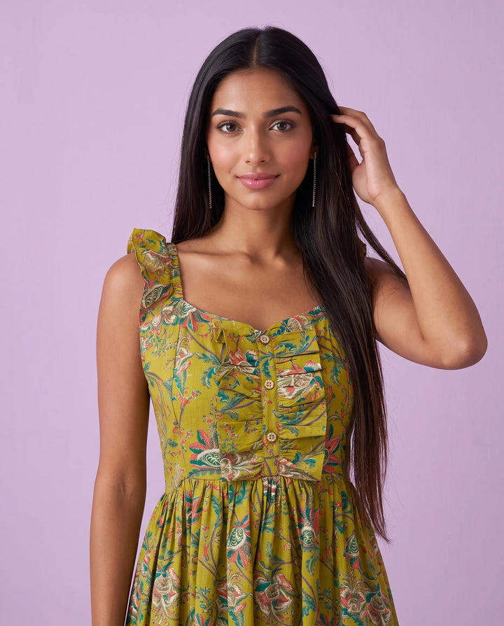 Green Printed Cotton Blended Midi Dress