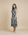 Navy Printed Viscose Blended Midi Dress