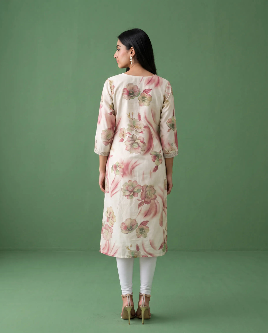 White Embroidered Viscose Blended 3/4 Sleeves Straight Cut Long Kurta