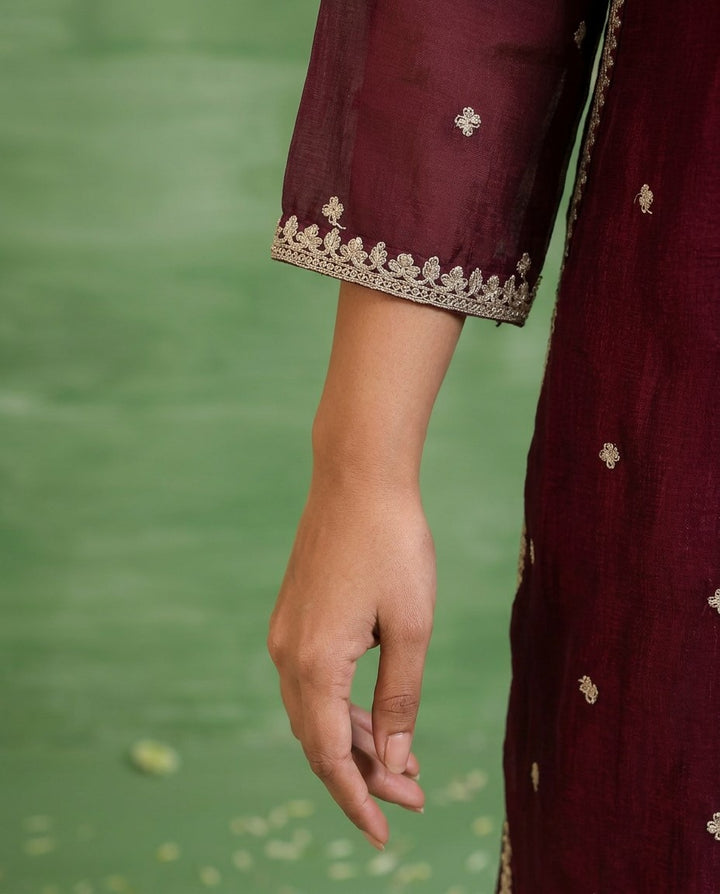 Wine Embriodered Silk Blended Kurta Bottom Dupatta Set