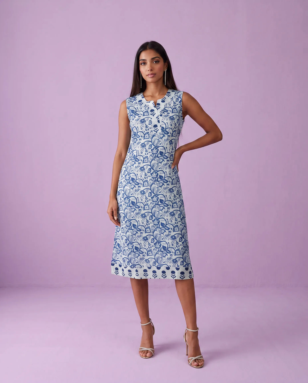 Blue Printed Pure Cotton Hand-Block Printed Midi Dress