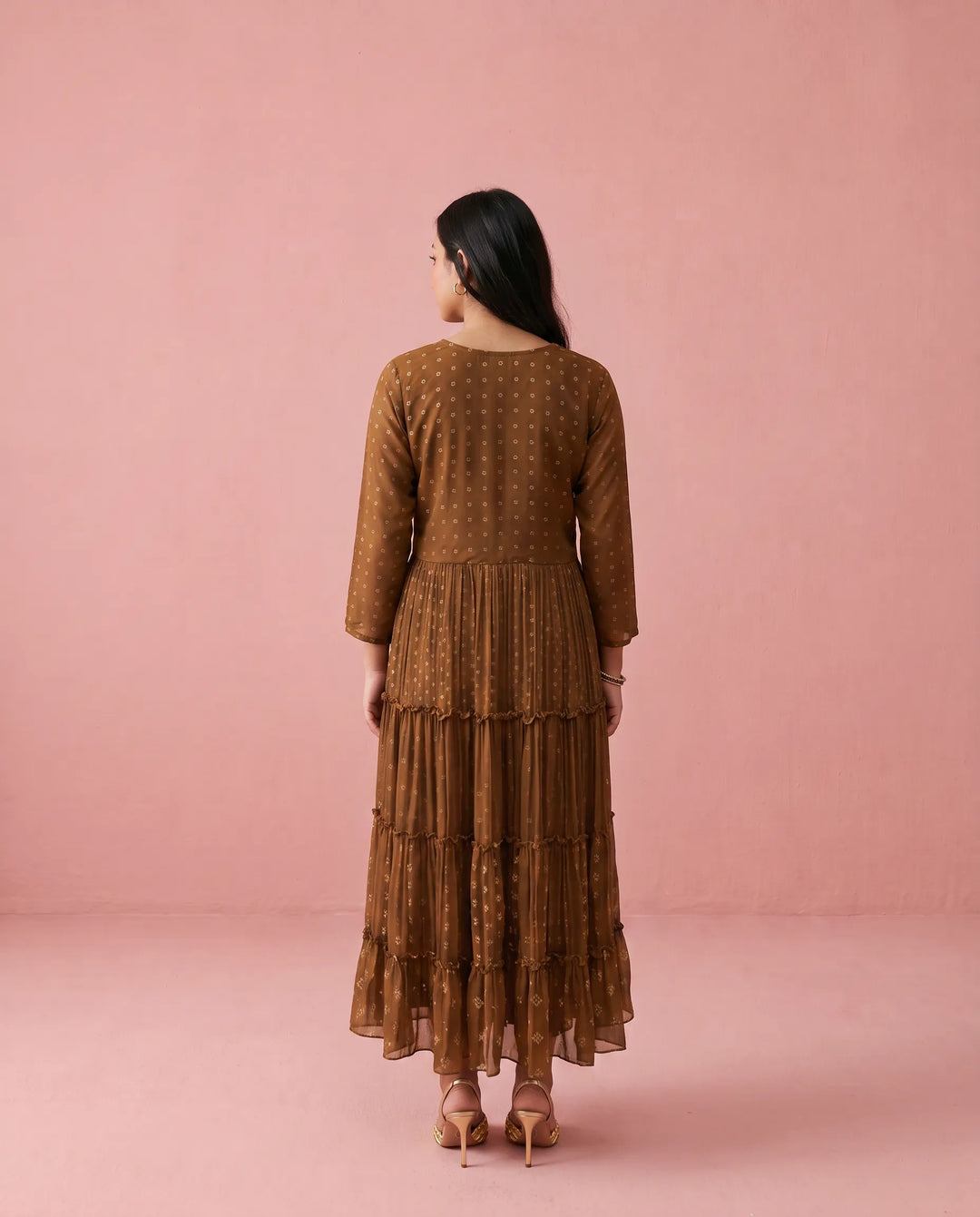 Brown Embriodered Georgette Maxi Dress