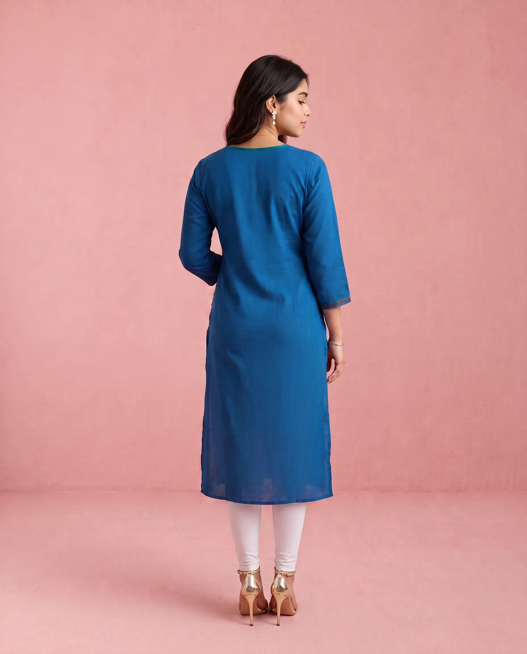 Navy Embroidered Cotton Straight cut Long Kurta
