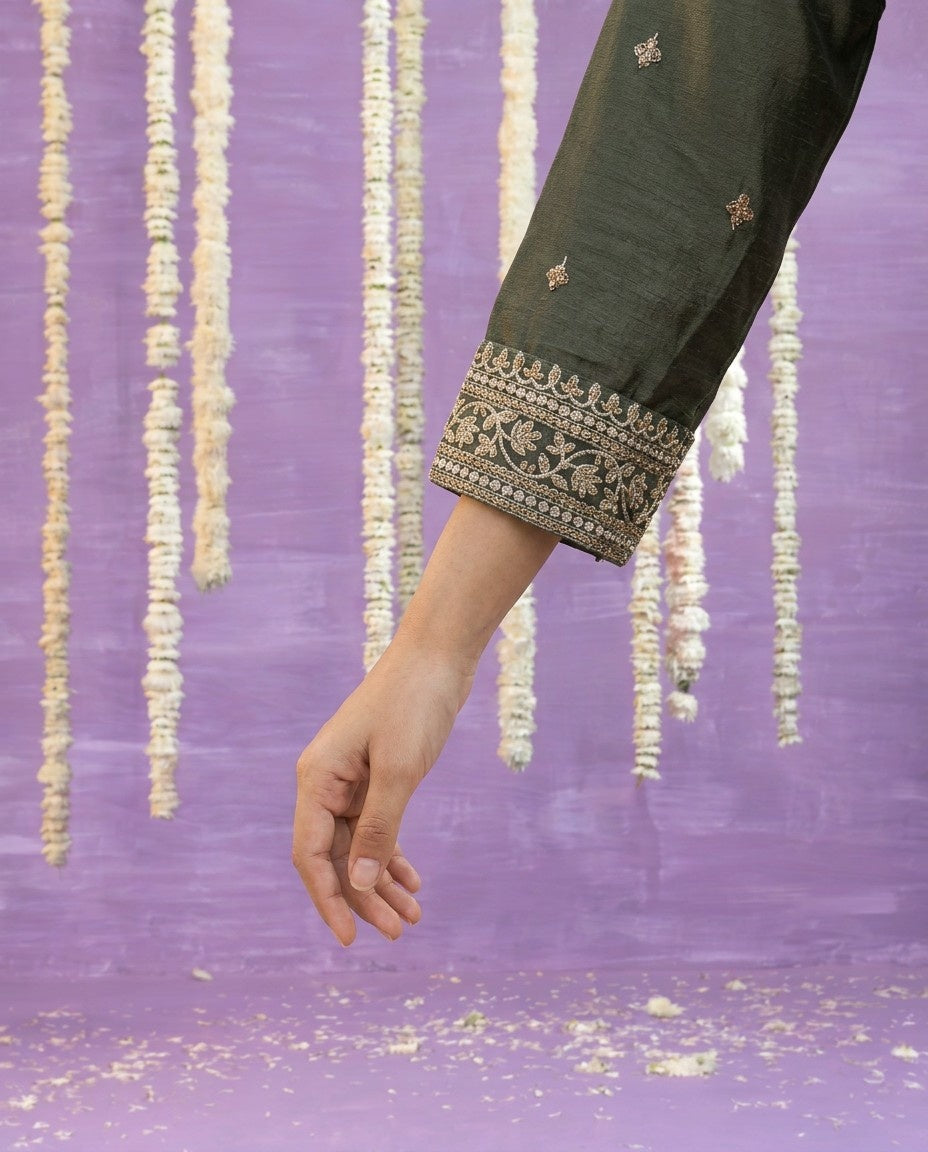 Olive Embriodered Silk Blended Kurta Bottom Dupatta Set