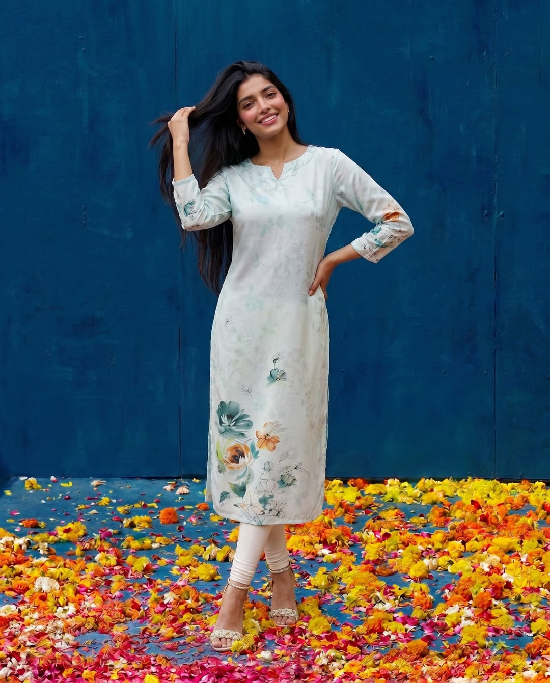Blue Printed Crepe Silk Straight cut Long Kurta