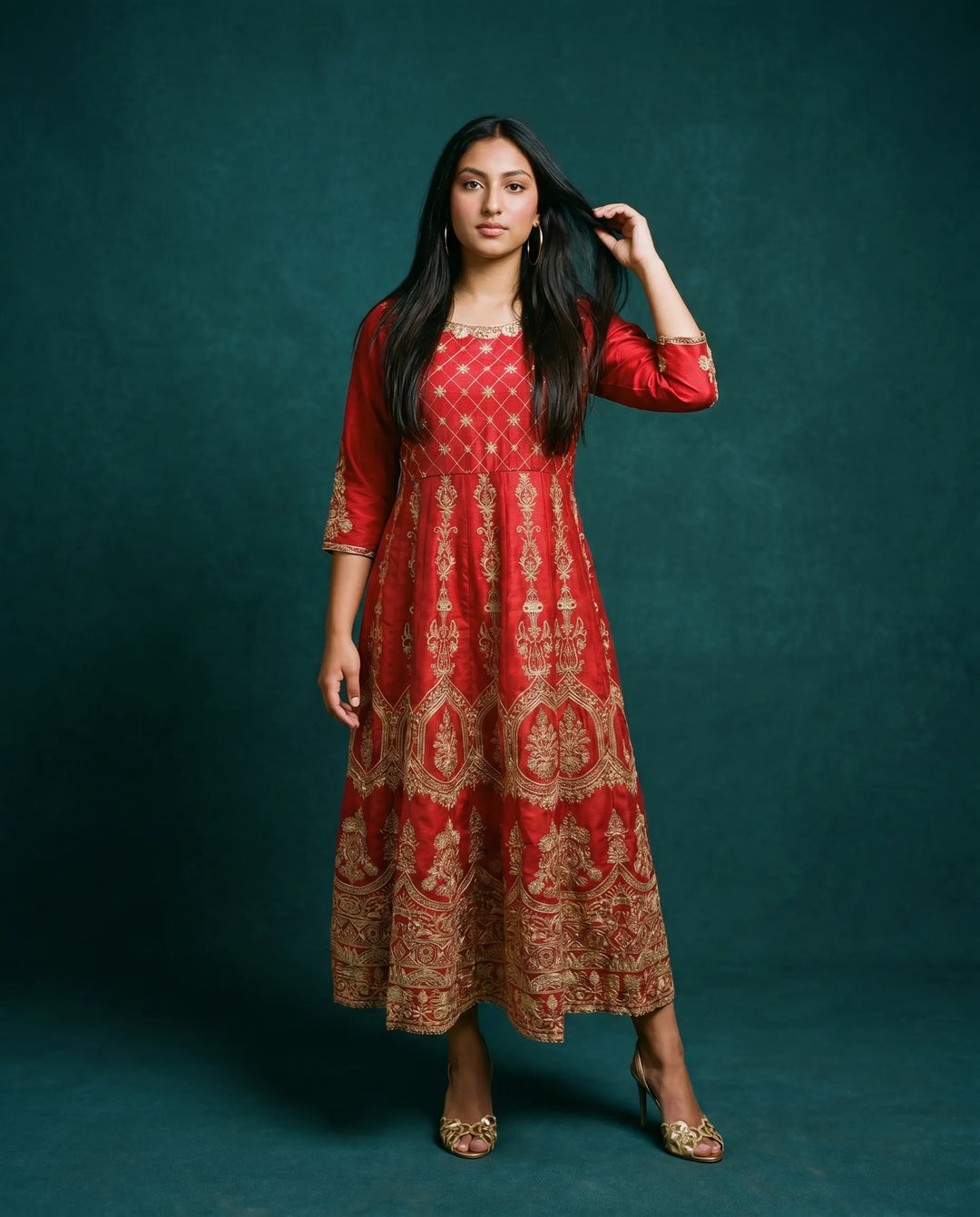 Red Embriodered Silk Blended Maxi Dress