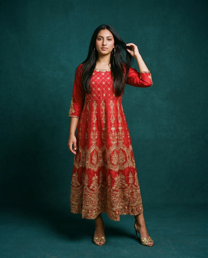 Red Embriodered Silk Blended Maxi Dress