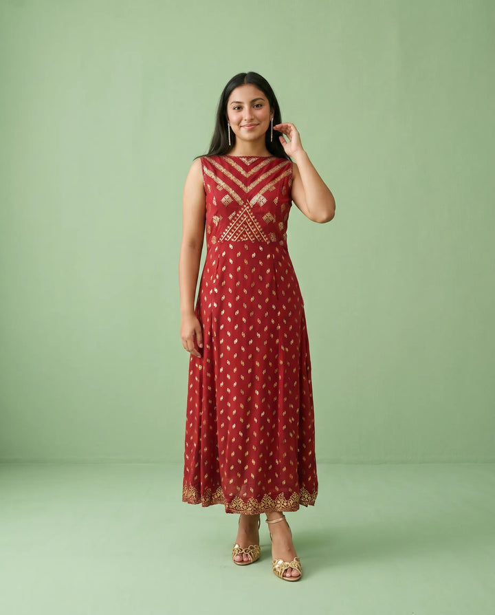 Maroon Printed Rayon Sleeveless Maxi Dress