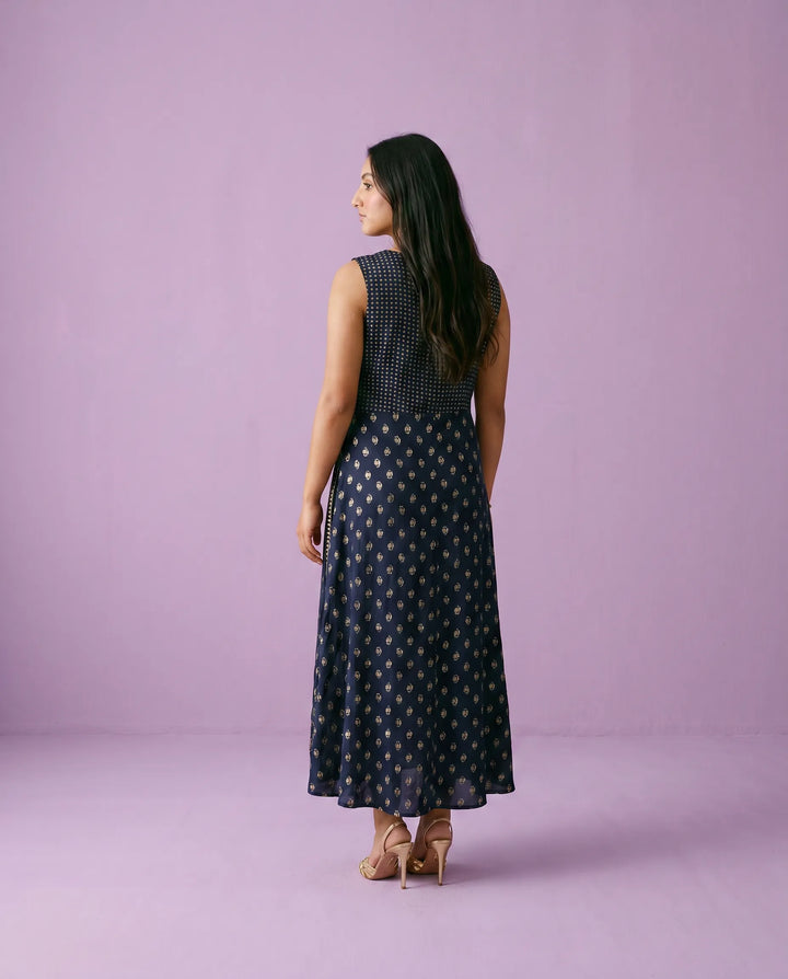 Navy Printed Rayon Sleeveless Maxi Dress